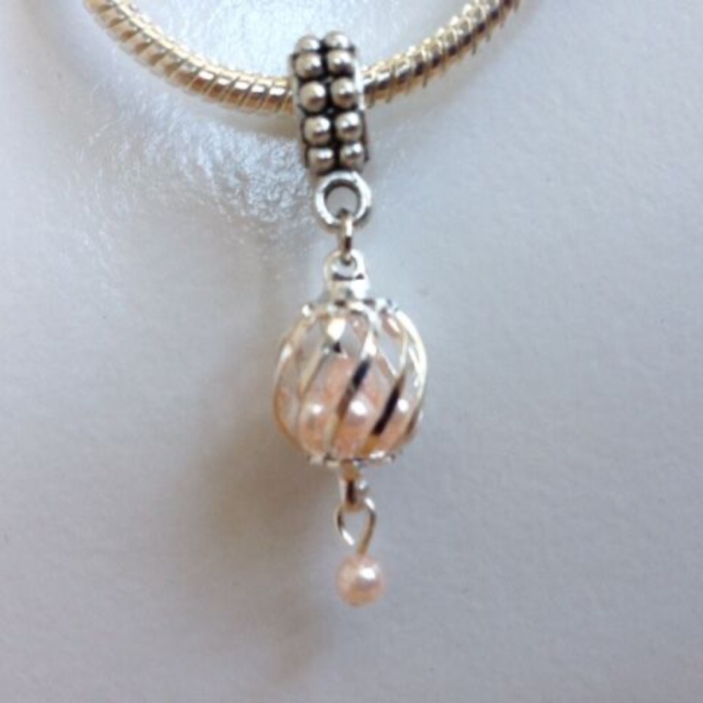 “Pink Pearls in Cage” Dangling Charm Bead For European Style Charm Bracelets